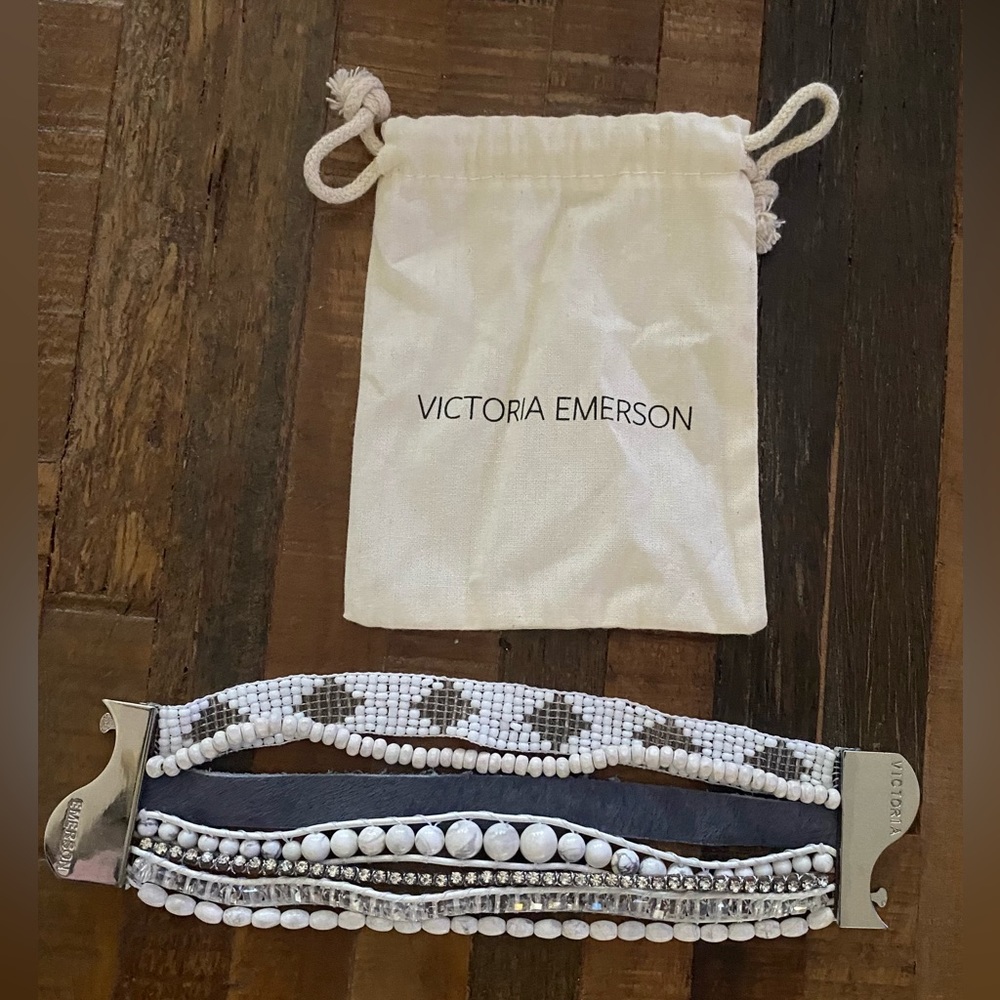 Victoria Emerson White & Gray Mixed Media, Magnetic Silver Clasp Cuff Bracelet.